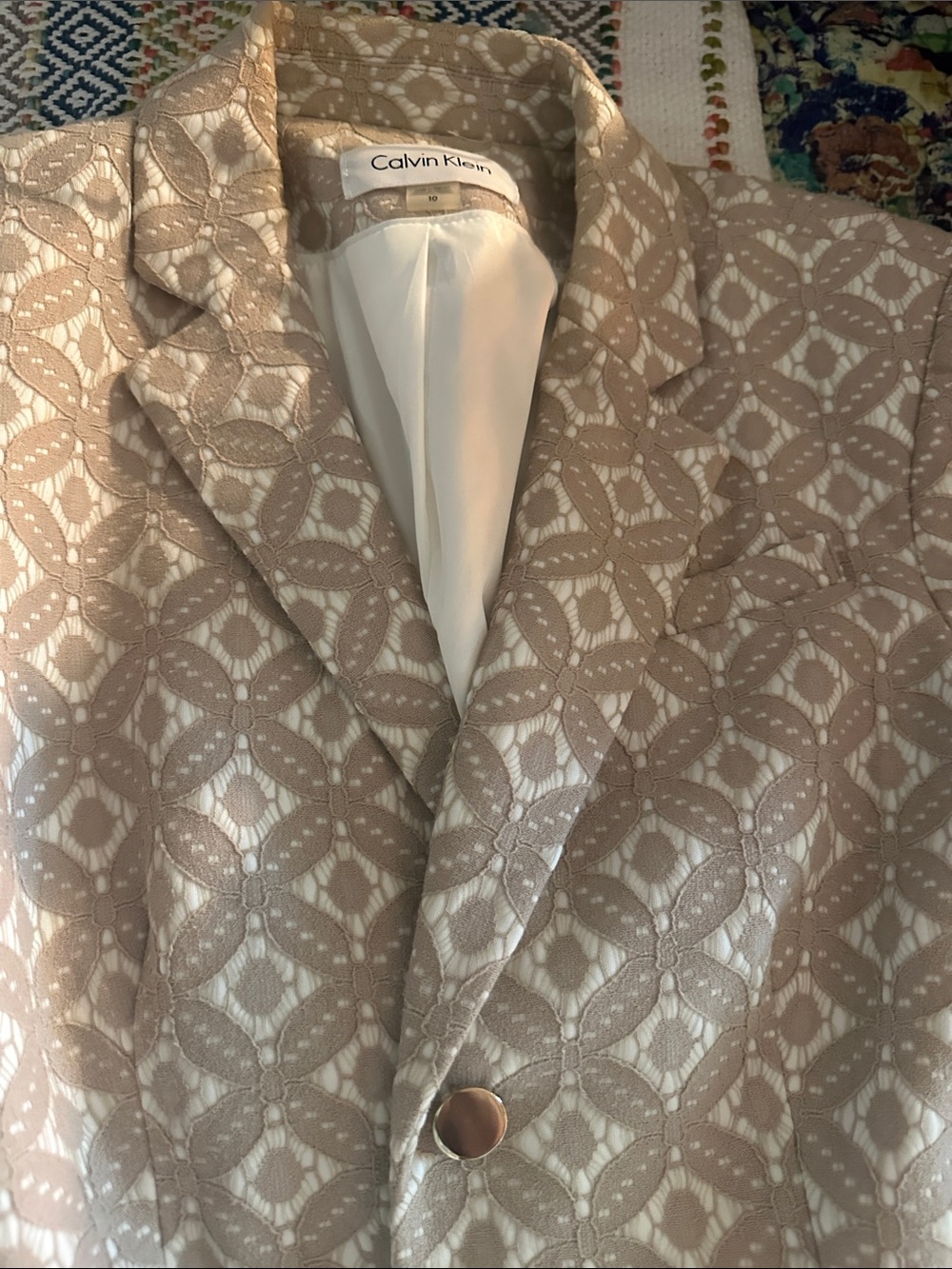 Calvin Klein Taupe and Cream Lace-Pattern Blazer and skirt